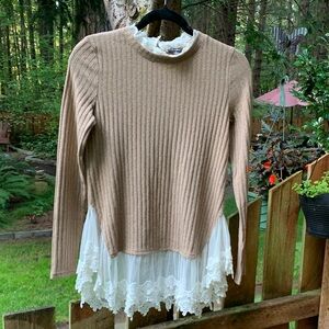 Chloah Tan Ribbed Blouse with Lace Trim